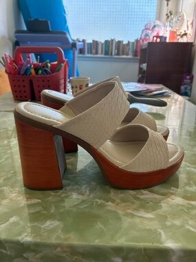 Maurices Cream Woven Double-Band Platform Mules with Wood-Tone Block Heel